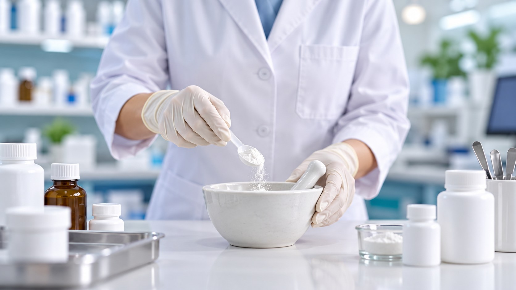 A gloved pharmacist preparing a compounded medication with a mortar and pestle